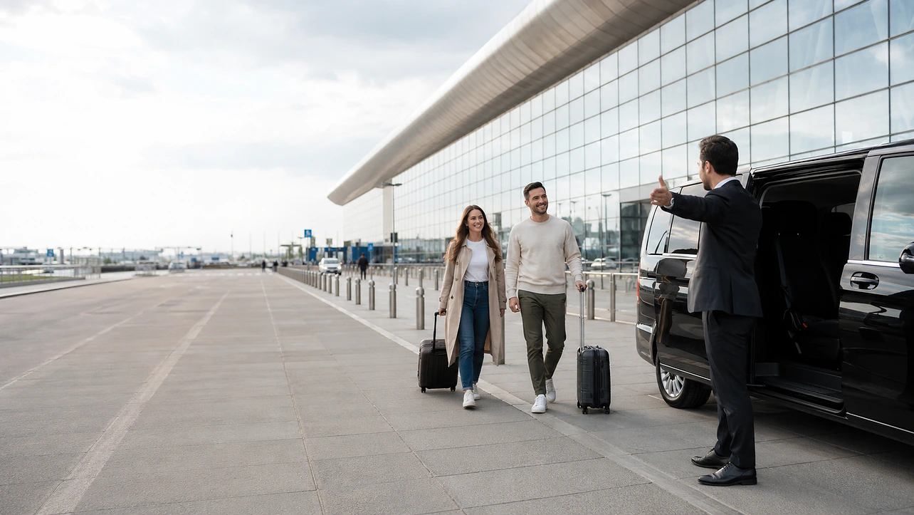 Chauffeur in a suit welcoming a couple with luggage to a premium black Mercedes V-Class van outside the airport terminal